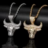 Cool Hip Hop Fashion Jewelry Necklace with 3D Rhinestone Studded Bull Head Pendant and Cuban Chain for Men