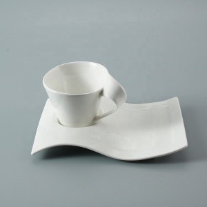 Creative cheap white coffee drinkware wave shaped ceramic porcelain latte espresso tea cups saucers sets