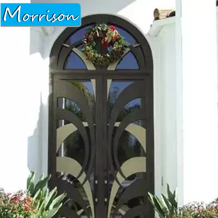 double leaf glass wrought iron steel entry door with tempered and glass