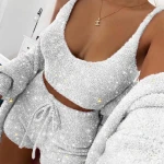 Dropshipping Women Knitted Plush Suspender Shorts Suit Two Piece Set