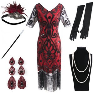 Ecoparty 20s Flapper Gatsby Sequin Beaded Evening Cocktail Dress with Accessories Set