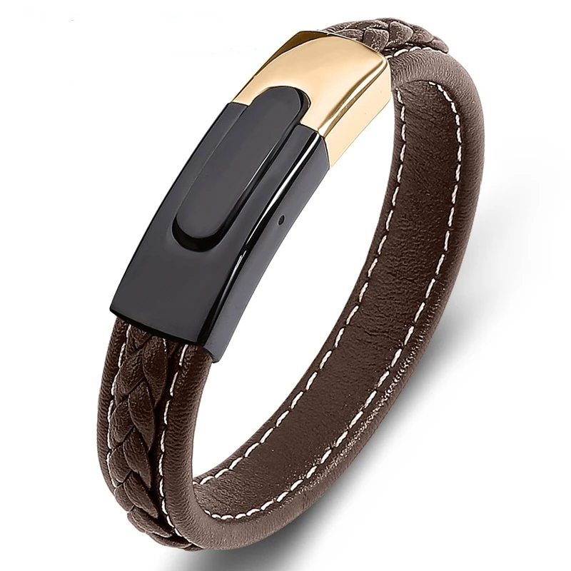 Fashion Black Gold Leather Woven Bracelet High-end Magnetic Buckle Boutique Stainless Steel Bracelet
