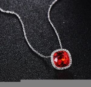 Fashion White Gold plated Cushion Glass Crystal And CZ Pendant Birthstone Neckless For Women Jewelry