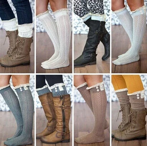 Fashion Women&#39;s Leg Warmers Knee High Crochet Knitted Cotton Lace Trim Boot Socks with Button