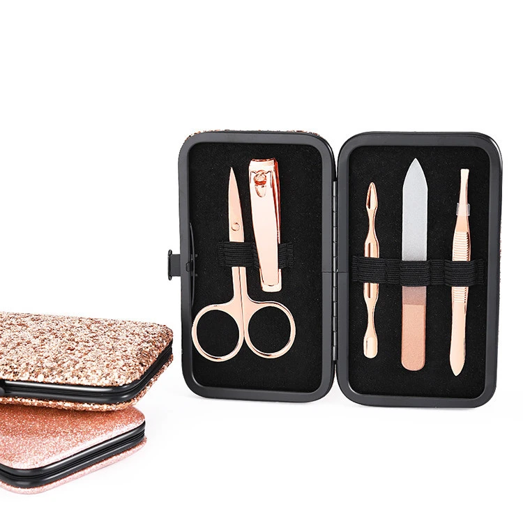 Fast Shipment 5 Pieces Cute Nail Cutter Set Acrylic Glass Nail File Rose Gold French Manicure Pedicure Set