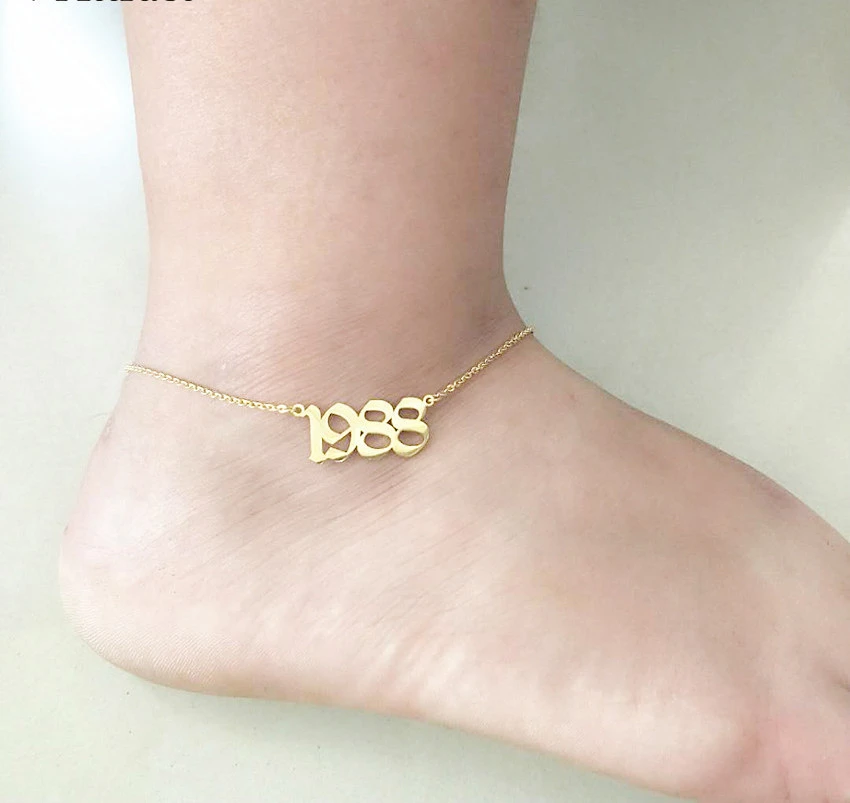 Foot Jewelry Silver Gold Filled Custom Old English Number Anklet Personalized Special Date Year Bangle