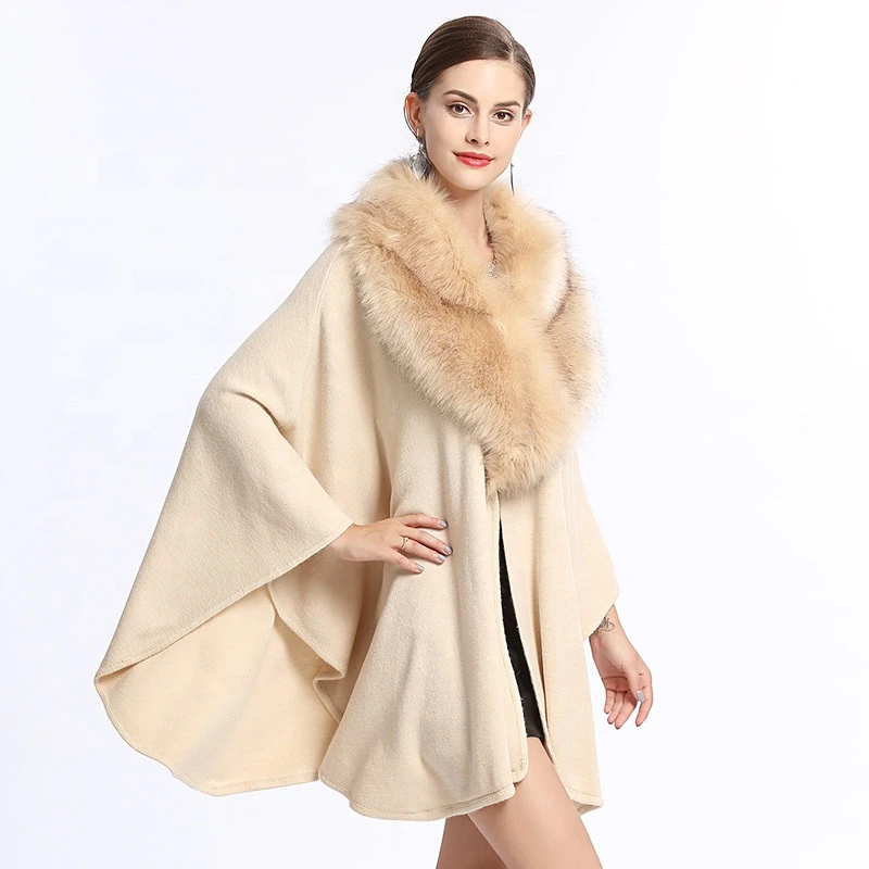 Free Shipping  Winter Free Size Cardigan Artificial Wool Big Fur Collar Cape Ladies Cloak Womens Wrap Shawl Poncho Cape Jackets