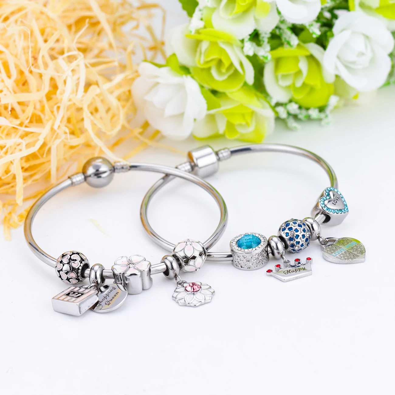 Friendship  charm epearl heart  stainless steel gemstone women jewelry bracelets bangles