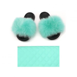 Furry rainbow set real fox silicone jelly purse fur women fluffy sandals slippers wholesale fur slides and matching purse