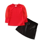 GDL69 Toddler Girl Skirt Outfit Long Sleeve Off Shoulder Sweater Tops Pu Leather Skirt 2Pcs Fall Winter Clothes Set