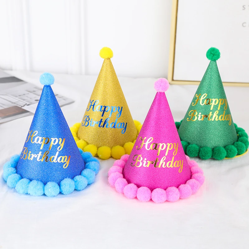 Gold foil paper furball birthday cap hat children adult baby boy party dress up decoration supplies wholesale custom