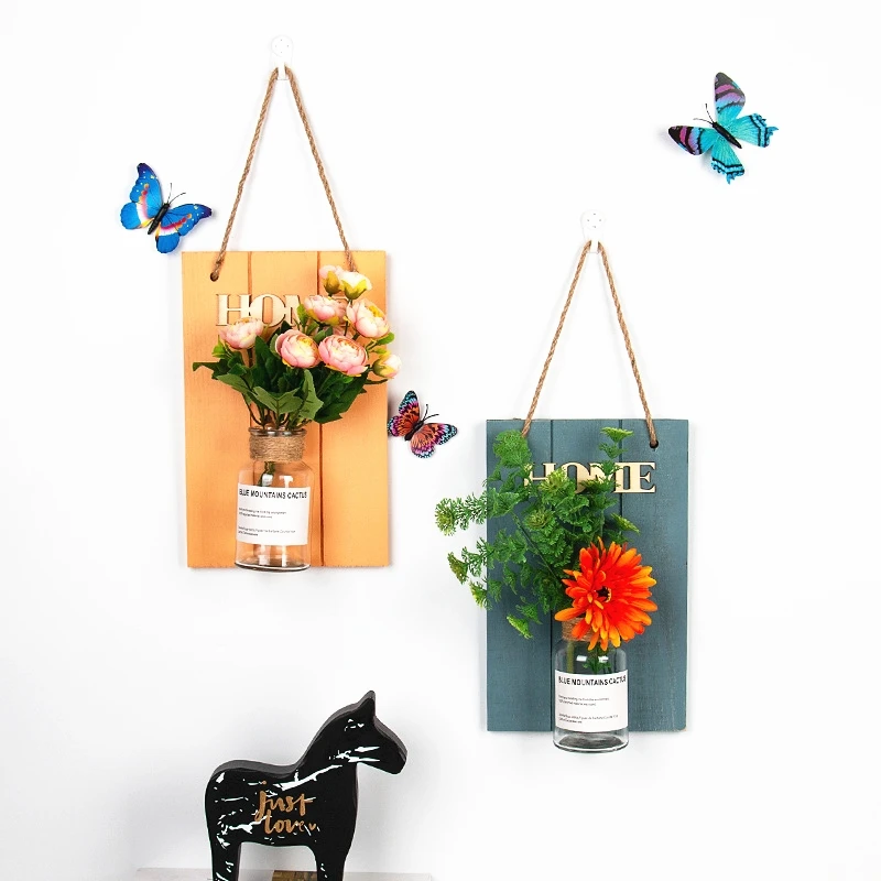 Hanging Wooden Board Hydroponic Container Wall Hanging Transparent Glass Vase Home Decoration
