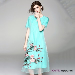 High quality woman organza flower embroidery short sleeve fancy cocktail party dress