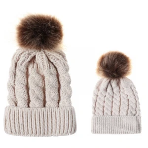 Hot Sale Women Girl Winter Warm Pom Pom Beanie Wool Cap Knitted Mom and baby Hats