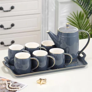 Hot selling porcelain coffee tea pot set luxury glazed 6 pcs tea set with gold rim