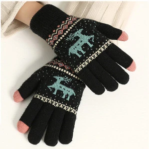 Ladies touch screen Small deer pink Fashionable outdoor wool gloves.