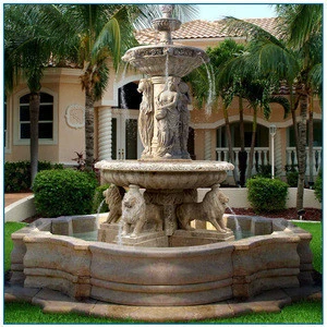 Large size outdoor garden white marble carved lion head and angel water fountain
