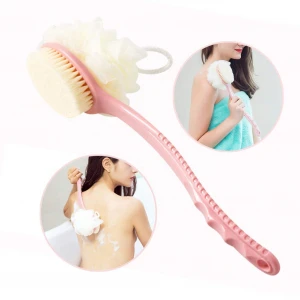 Long Handle Back Scrubber Bath Mesh Sponge Shower Body Brush with Bristles and Loofah