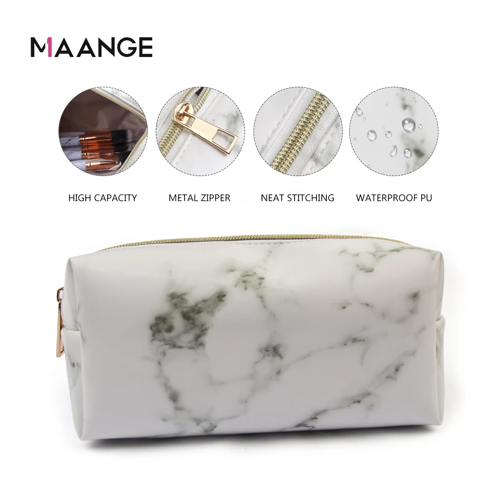 MAANGE 2pcs Makeup Organizer Storage Holder Tolitery Bags Waterproof PU Leather Zipper Stand up Square Marble Cosmetic Bag