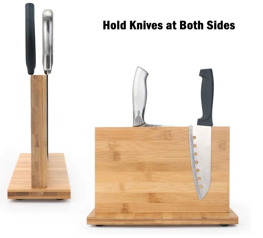 Magnetic Knife Block, Natural Bamboo Knife Holder with Magnets, Double Side Cutlery Display Stand and Storage Rack