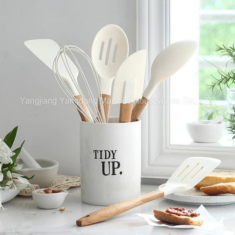 Maisons Kitchen Accessories 8pcs Wooden Handle Cooking Tools Utensils Set with Holder Silicone Kitchen Utensils