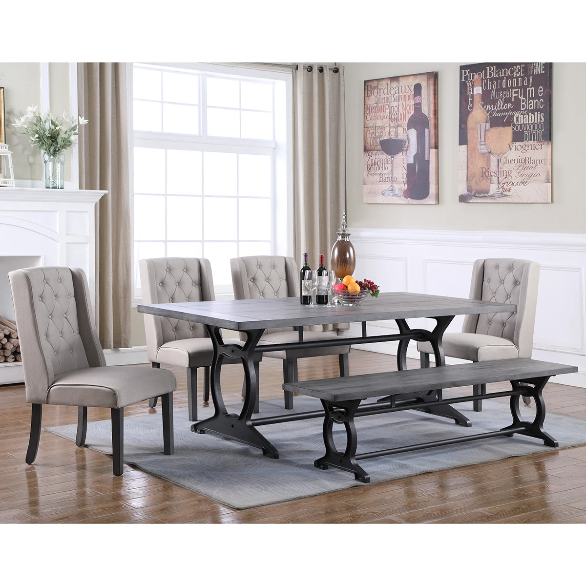 Modern Luxury Wooden Dining Room Furniture Design Long Rectangle Dining Tables Set with 4 Chairs and Bench
