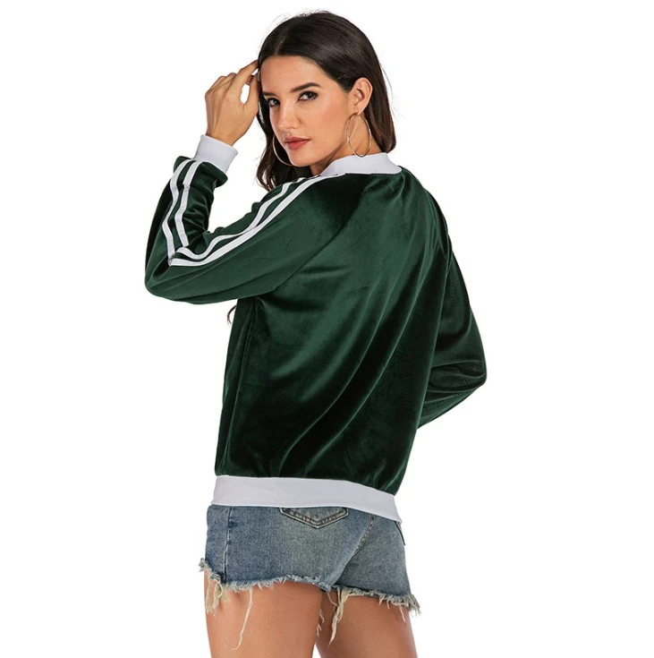 New arrival womens blank zip up velvet plain green striped baseball jacket