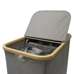 New Design Divided Foldable Bamboo Laundry Basket Double Laundry Hamper with Lid and Removable Laundry Bags