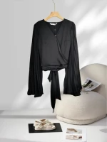 New Fashion Womens Vintage Casual Knitted Shirt V-Neck Loose Long Sleeve Solid Color Lace up for Summer Spring Winter
