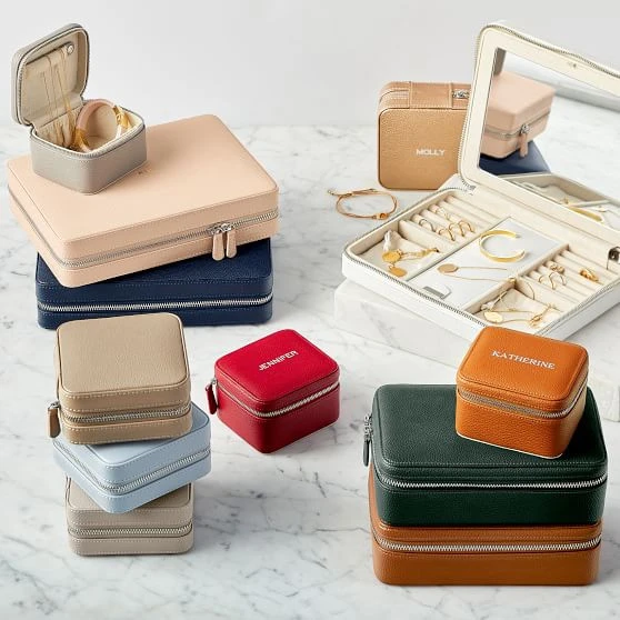 Personalised custom square zip mirror jewellery organizer genuine leather travel storage case jewelry box