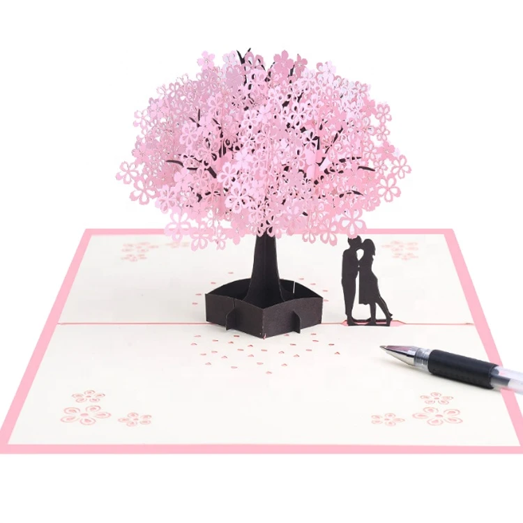 Pink Romantic Cherry Blossom Custom Carving Craft Card 3D Laser Cut Paper Greeting Wedding Card
