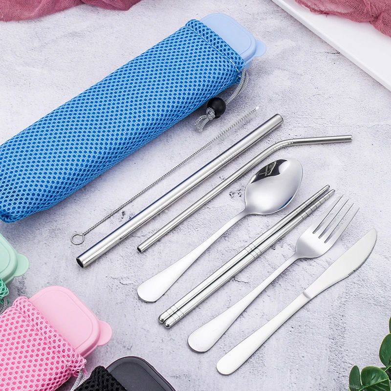 Portable reusable 18/10 silverware travel camping picnic flatware 304 stainless steel cutlery set with pouch in case