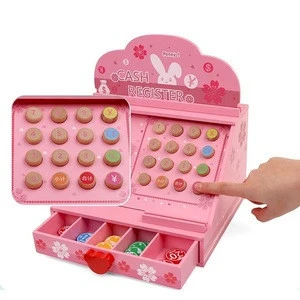 Pretending Role Play Wooden Simulation Mini Pink Shop Checkout Counter Toy for Kids