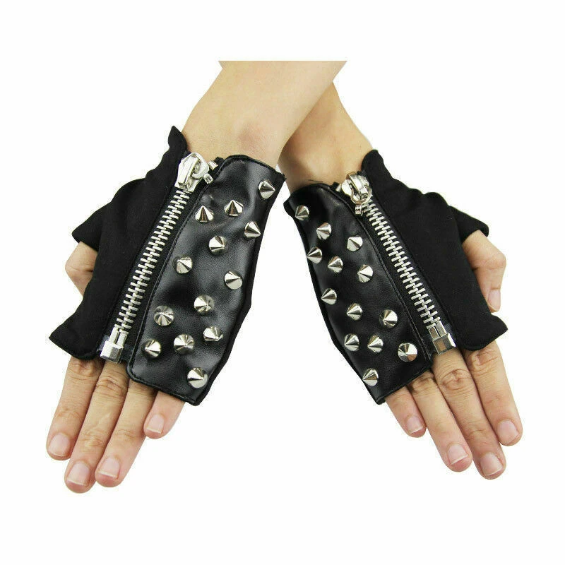 Punk Gothic Fingerless women Leather Gloves with Stud Rivets Zipper Warm Mittens