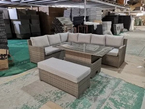 Rattan  High Back Large Corner Sofa Set with Rising Table Corner Dining Set with Adjustable Height Table