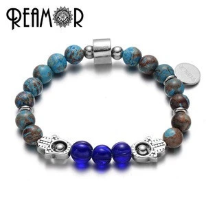 REAMOR Natural Stone Semi-precious Blue Decorative Pattern Stone Beads Round Gemstone Bead for Bracelet Making Findings
