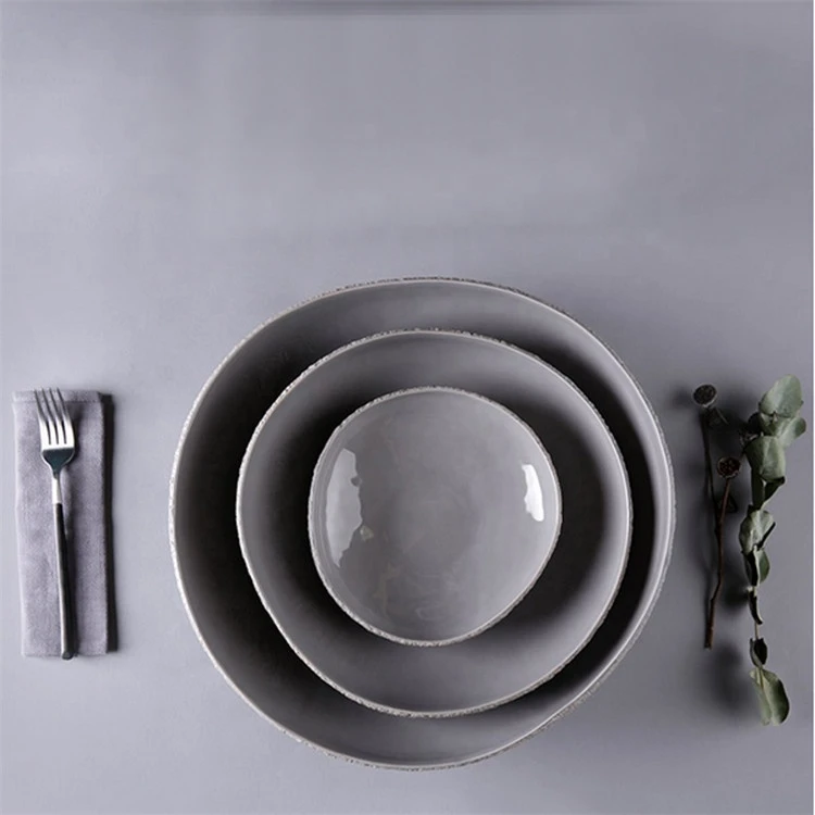Rough surface effect kitchen tools restaurant used stoneware chargers plate set ceramic dinnerware sets plates