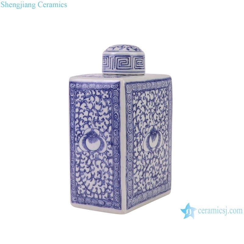Rzgz02 Jingdezhen Blue and White Flower Pattern Square Shape Ceramic Tea Jar