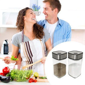 Salt and Pepper Shakers Set with Adjustable Pour Holes Salt Shakers Stainless Steel with Clear Glass Bottom Spice Shaker