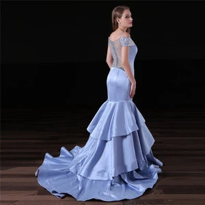 Satin Trumpet Spaghetti V-neck Beaded Evening Dress Party Dress Prom Gowns Zipper Back Style With Puffy Skirt Long Dress