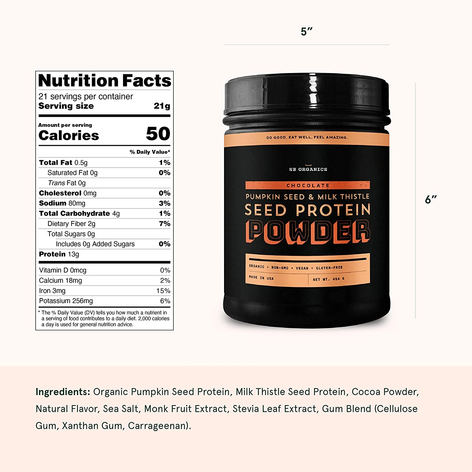 SB Organics Pumpkin Seed & Milk Thistle Seed Vegan Protein Powder Canister of Chocolate Plant Based Protein