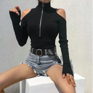 Sexy Long Sleeve Zip Up Ribbed Bodysuit Women