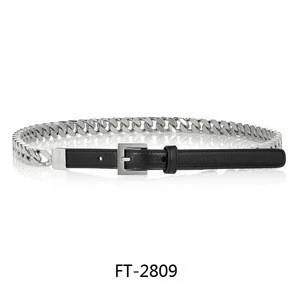 Silver Heavy Metal Chain Faux Leather Skinny Belt Band