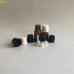 Small travel blue brown glass essential oil bottle w/dripolator 18mm neck white black tamper evident cap 1/6oz 1/3oz