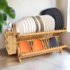 SOPEWOD Double-Tier Bamboo Foldable Dish Drying Rack with Utensil Holder for Kitchen Storage OEM ODM Design