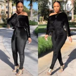 Stocks Ladies Velvet one shoulder jumpsuit with belt