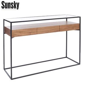 Tempered Glass Iron Frame Wooden Console Table