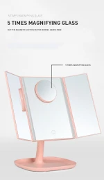 Three-Color Light Source Three Foldable Vanity Mirror Built-In 5 Times 5X Magnifying Glass Makeup Vanity Mirror