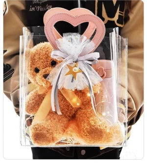 Transparent Water Resistant Clear PVC Hen Party Gift Bag With Heart Leather Handle for Wedding Birthday Baby Shower Business