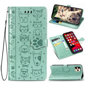 Wallet Phone Case For Iphone 11 Pro MAX Cute Cat Dogs Patterns Flip Phone Case With Card Slot And Hand Strap For Girls Woman